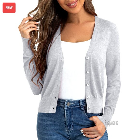 Cropped Cardigan Button Front Bolero Shrug Lightweight Knit V-Neck Chic